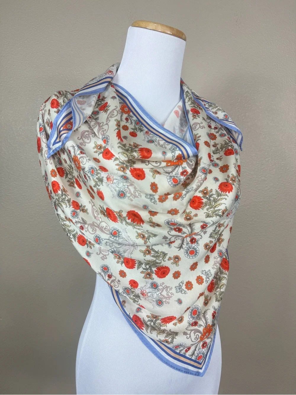 La Seine 100% Silk Triangle Floral Scarf in Blue white made in Italy